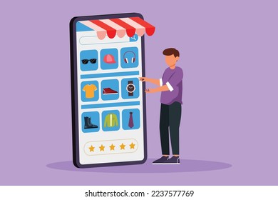 Character flat drawing young man choosing shopping items on a giant smartphone screen. Digital lifestyle with internet and gadget concept. Online store technology. Cartoon design vector illustration