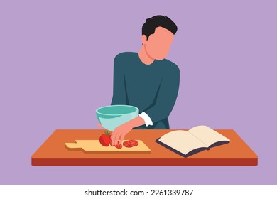 Caracterizar el plano de los jóvenes cocinando mientras leen un tutorial sobre una cómoda mesa de cocina en casa. Feliz esposo preparando comida saludable para el desayuno familiar. Ilustración vectorial de diseño de dibujos animados