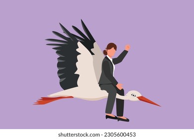Dibujo plano de carácter de una joven y bonita mujer de negocios montada en la cigüeña símbolo del éxito. Metáfora empresarial y competencia, mirando al objetivo, logro, liderazgo. Ilustración vectorial de diseño de dibujos animados