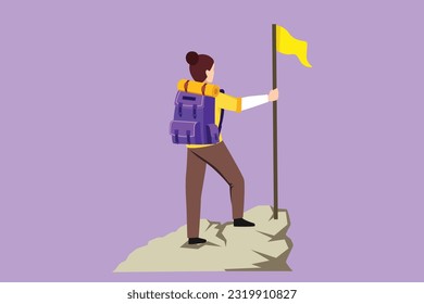 Character flat drawing young pretty girl with backpack standing on top of mountain, female climber reached the summit, summer holidays adventure logo, icon, symbol. Cartoon design vector illustration