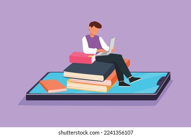 Character flat drawing young smart male college student sitting on pile of book while typing on laptop on smartphone screen. Online digital learn education concept. Cartoon design vector illustration