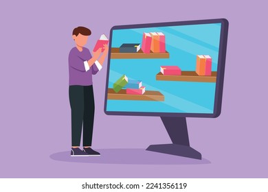 Charaktere flach zeichnen jungen, intelligenten männlichen Schüler Lesebuch, während sie vor dem großen Computerbildschirm mit Bibliothek auf dem Bildschirm stehen. Digitale Bildungstechnologie. Cartoon-Design, Vektorgrafik