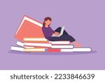 Character flat drawing young woman studying with laptop sitting and leaning on big books. Back to school, intelligent female student, online learning education. Cartoon draw design vector illustration