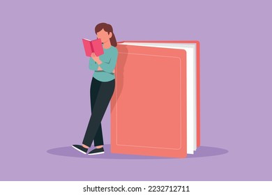 Character flat drawing young woman reading and standing on big book. Smart girl student learning and studying in library. Education and intellectual manner concept. Cartoon design vector illustration