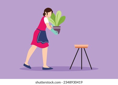 Character flat drawing young woman in cozy room holds pot with plant in her hands. Growing and caring house plants. Pretty girl gardener takes care of home garden. Cartoon design vector illustration