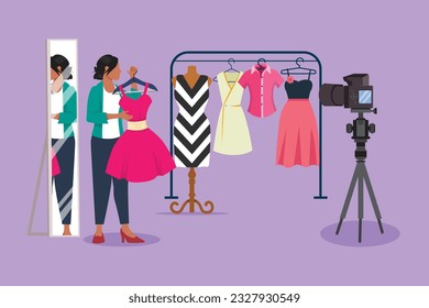 Character flat fashion blogger. Dress, online shopping, clothing store and lookbooks influencer review. Women style streamer. Stylist, fashionista, fashion advisor. Cartoon design vector illustration