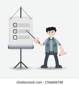 Ilustración plana de caracteres del hombre presenta su lista de tareas mientras la muestra con un palo en el tablero y luego da una lista de verificación en lápiz cuando la tarea está completa, personaje de caricatura vectorial