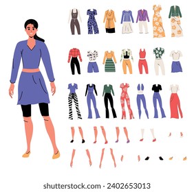 Character in flat style. Constructor of women and a set of clothes. Different shoes and hands. Background. Isolated. Poses. Skirts and shorts. Dress and pants. Person. Kit of things