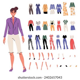 Character in flat style. Constructor of women and a set of clothes.Different emotions and gestures. Background. Isolated. Poses. Skirts and shorts. Dress and pants. Person. Smile