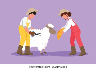 Character flat style drawing couple farmers shears sheep to make sweaters. Results of sheep farming in countryside. Livestock worker activities. Successful farming. Cartoon design vector illustration