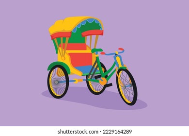 Character flat style drawing cycle rickshaw with three wheels and rear passenger seat is an ancient vehicle in several Asian countries. Traditional transportation. Cartoon design vector illustration