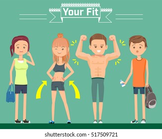 Character flat style in gym. healthy care. make your fit body. The dynamics of the sport. 