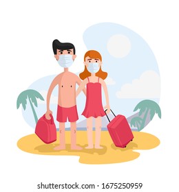 Character flat vectors concept design of the couple young man and woman, tourists travel to sea, beach for vacation summer time. They are be in danger and risk to infect with Corona a covid-19 virus.