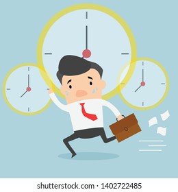 Character fllat design. Businessman running and holding document bag. Clock drives businessman to work, deadline, late. Business and people concept. Vector illustration.