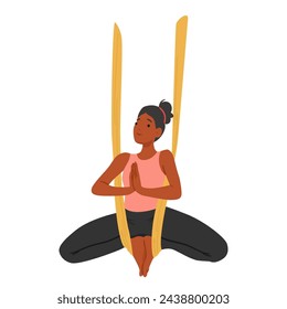 Personaje Mujer Fluida Suspende En El Aire, Meditar A Través De Las Poses De Yoga Aéreo En Una Hamaca De Seda. Fuerza, Flexibilidad Y Serenidad Convergen En Una Danza Cautivadora Con Gravedad. Ilustración vectorial