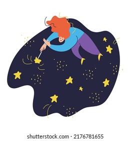 The character flying across the sky lights up the stars. Sleep fairy with a magic wand in the night sky. A woman in pajamas creates the magic of sleep. Good Night. Flat illustration in cartoon style