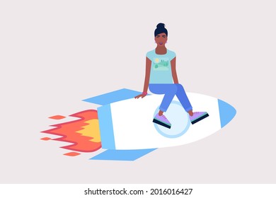 Character is flying on a rocket. Successful, startup concept. Vector illustration in a flat style