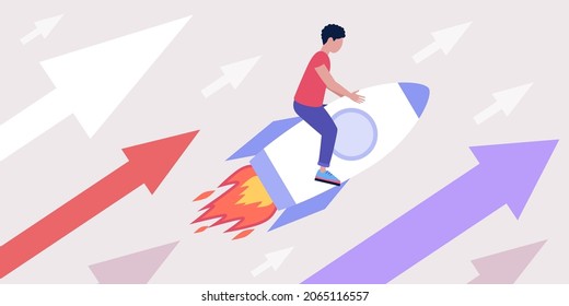 Character is flying on a rocket. Successful, startup concept. Vector illustration in a flat style