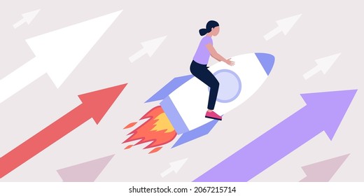 El personaje está volando sobre un cohete. Concepto de inicio exitoso. Ilustración vectorial en un estilo plano