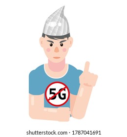 Character in foil hat. Conspiracy conspiracy theory, mental disorders. Vector isolated illustration