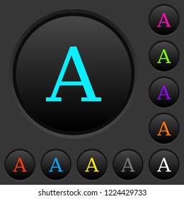 Character font dark push buttons with vivid color icons on dark grey background