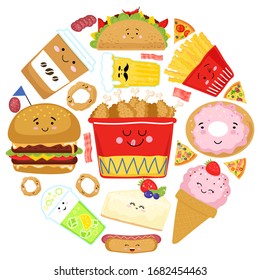 Character food collection icon for web. Round banner, poster and concept fast food. Burger, ice cream, coffee, hot dog, donut, chicken, french fries and smoothie. Cartoon style. Vector illustration.