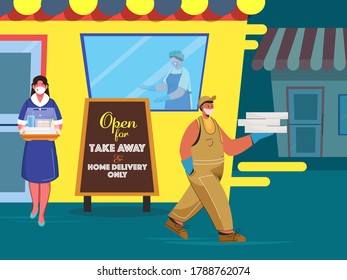 Character Of Food Delivery Staff With Shop Illustration And Given Message Open For Take Away & Home Delivery Only On Double Stand Board During Coronavirus.