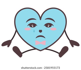 Character in the form of a blue heart sits and cries. Young man in the form of a love symbol. Sadness on the face, tears dripping from the eyes, hands on the sides, bow tie. Color vector illustration.