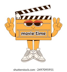 Personaje en forma de tablero de clapperboard para filmar en un estilo groovy. Tablero con ojos, brazos y piernas en un estilo retro. Filmación de películas y series. Tiempo de película. Carácter positivo de Vector