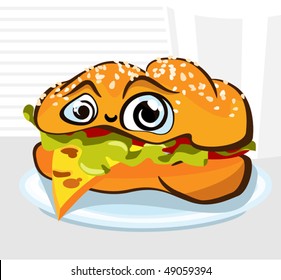character in the form of hamburger, shows language as cheese