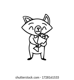 Character fox boy with bow tie happy holds bouquet with tulips. Cartoon animals for a birthday, International Women's Day, Valentine's Day or other holiday decorations. Doodle black and white line art