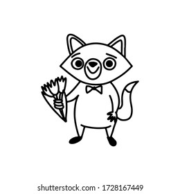 Character fox boy with bow tie happy holds bouquet with tulips. Cartoon animals for a birthday, mothers day, Valentine's Day or other holiday decorations. Doodle black and white line art