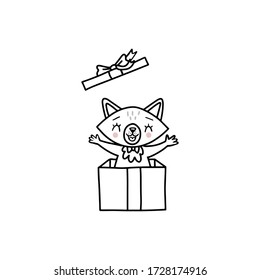 Character fox girl fun jumping out of a gift box and the lid flies. Cartoon animals for a birthday, or other holiday decoration. Doodle black and white line art.