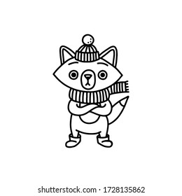 The character of the fox in winter clothes - a knitted hat, scarf and ugg boots - bulges his eyes from the cold, because he froze. Cartoon animal for Christmas decorations. Doodle black and white line