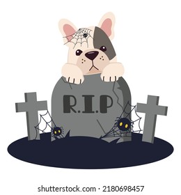 The character of  French bulldog  with spider web and gravestone for Halloween theme set. Graphic resource about dog pet animal and Halloween theme for content, banner and greeting card.