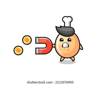 the character of fried chicken hold a magnet to catch the gold coins , cute style design for t shirt, sticker, logo element
