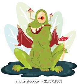 Character frog monster sitting in swamp with fly agaric in his paw. Hand drawn vector illustration. Suitable for stickers, postcards.