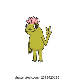 Character frog or toad with lotus flower. Showing peace hand gesture. Funny animal. Cartoon vector illustration isolated on white background