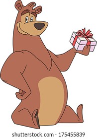 Carácter de un oso gracioso con una caja de regalo en su pata. Ilustración vectorial editable.