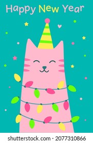 Character funny cat with christmas light. Happy new year greeting card. Cute cat in party hat and light bulbs. New Year's pet entangled in garlands. Modern hand-drawn vector illustration in flat style