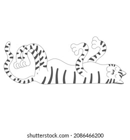 The character of a funny cat or tiger lying on its back. Drawing for t-shirt, sticker, print, coloring.