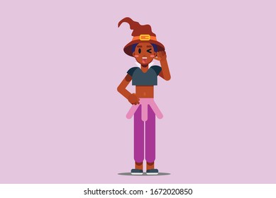 A character of a funny girl wearing a witch dress, Halloween theme. Simple character vector illustration, this illustration can use as a sticker also.