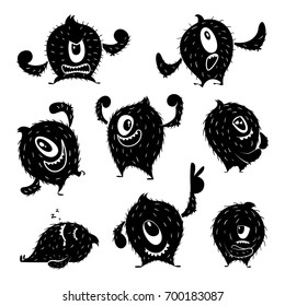 Character of funny monster in different action poses. Devil cute smile. Monochrome illustrations