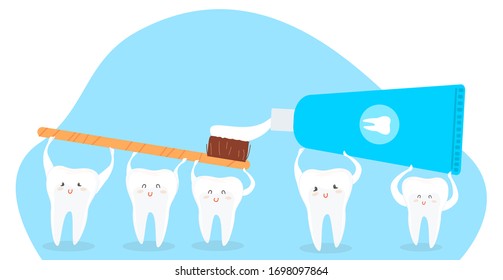 Character funny tooth, toothbrush with paste, isolated on white, flat vector illustration. Protection oral cavity, mouth, design web banner. Healthcare, dental care, modern stomatological.