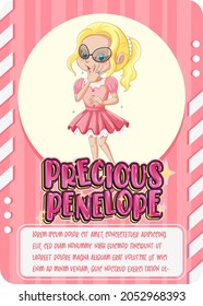 Character game card template with word Precious Penelope illustration