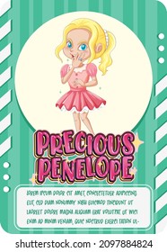 Character game card template with word Precious Penelope illustration