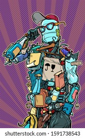 The character garbage man. Landfills dump ecology and pollution concept. Pop art retro vector illustration kitsch vintage drawing
