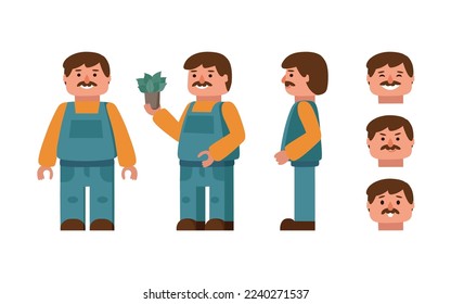 Character of a gardener or agronomist in different poses and with different emotions