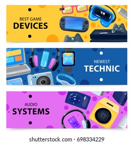 Character geek nerd horizontal banners collection with doodle images of various portable electronic devices and gadgets vector illustration