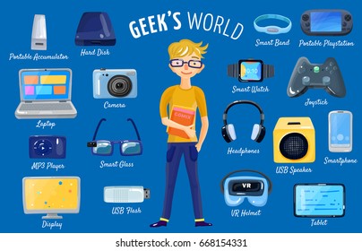 Character geek nerd set of isolated hand drawn style electronic devices and gadgets with male teenager vector illustration